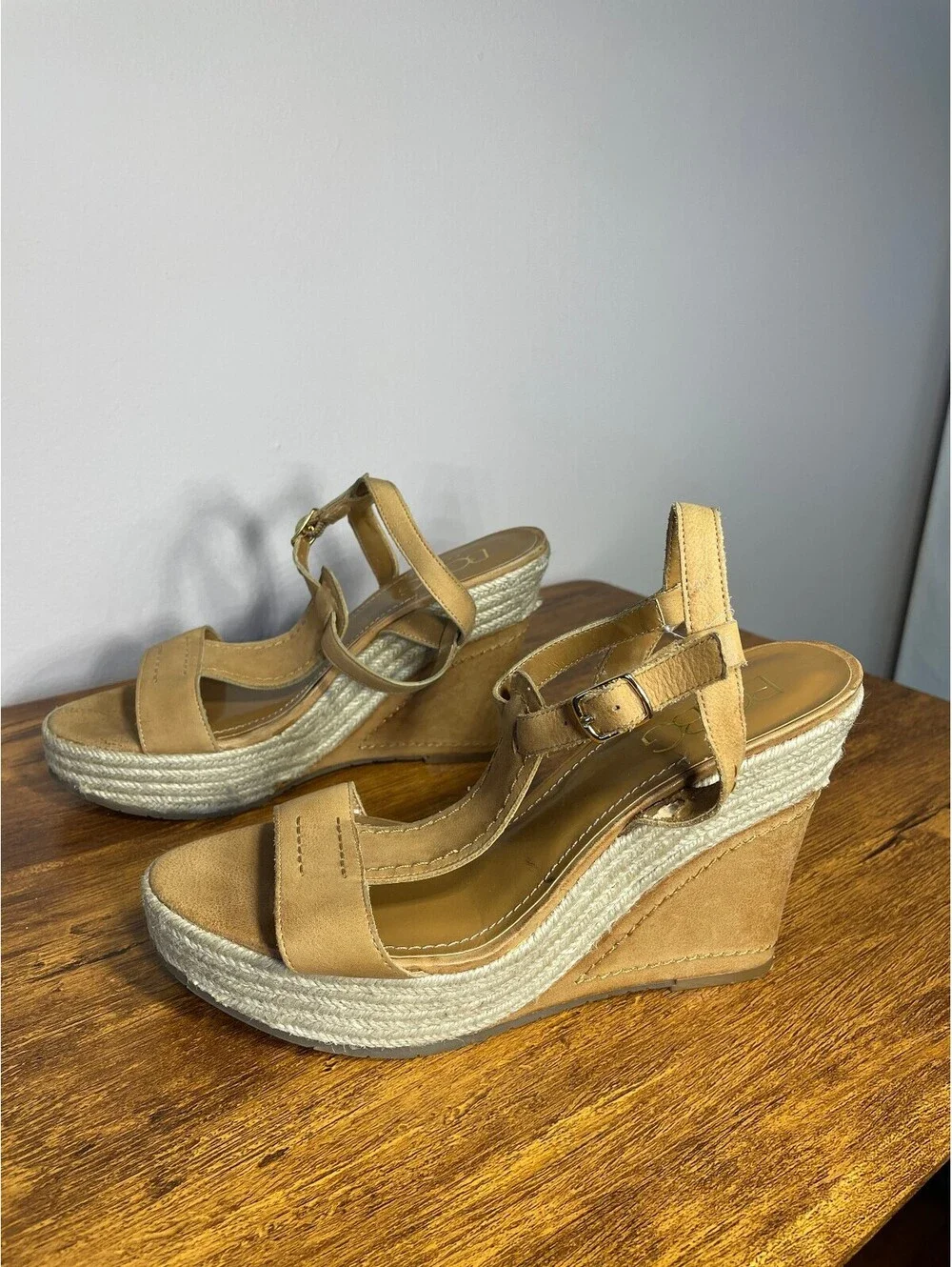 BCBG Paris Tan Suede Espadrille Wedges Coastal Cowgirl Euro